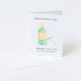 Card with a wine bottle graphic design and text on a white background