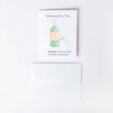Greeting card with a bottle opener illustration and text on a white background with an envelope
