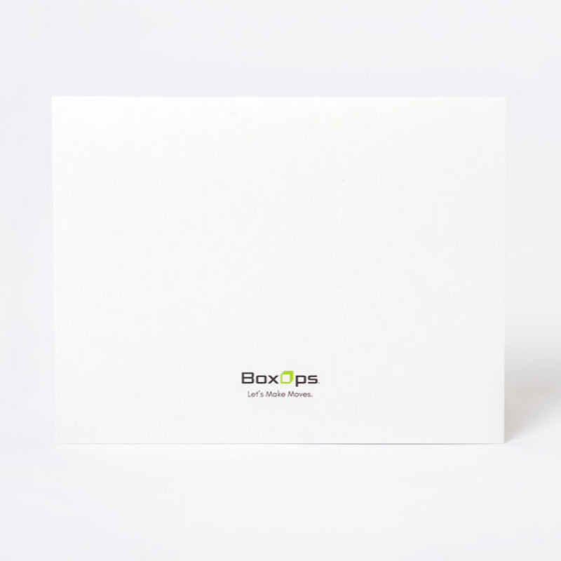 White greeting card with 'BoxOps' logo on a white background
