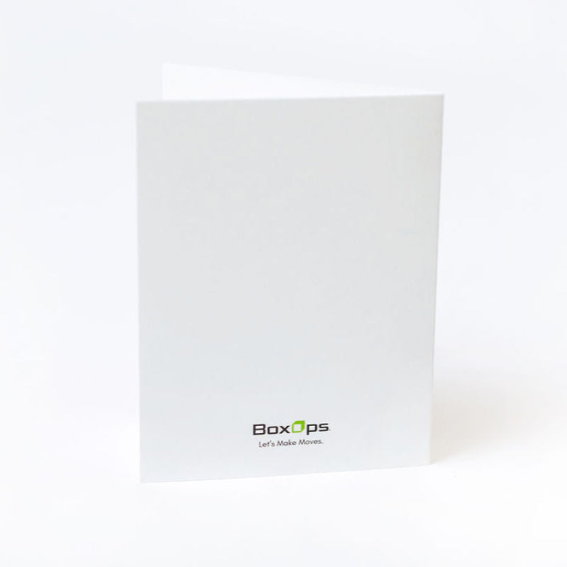 Back of white greeting card with 'BoxOps' logo on a white background