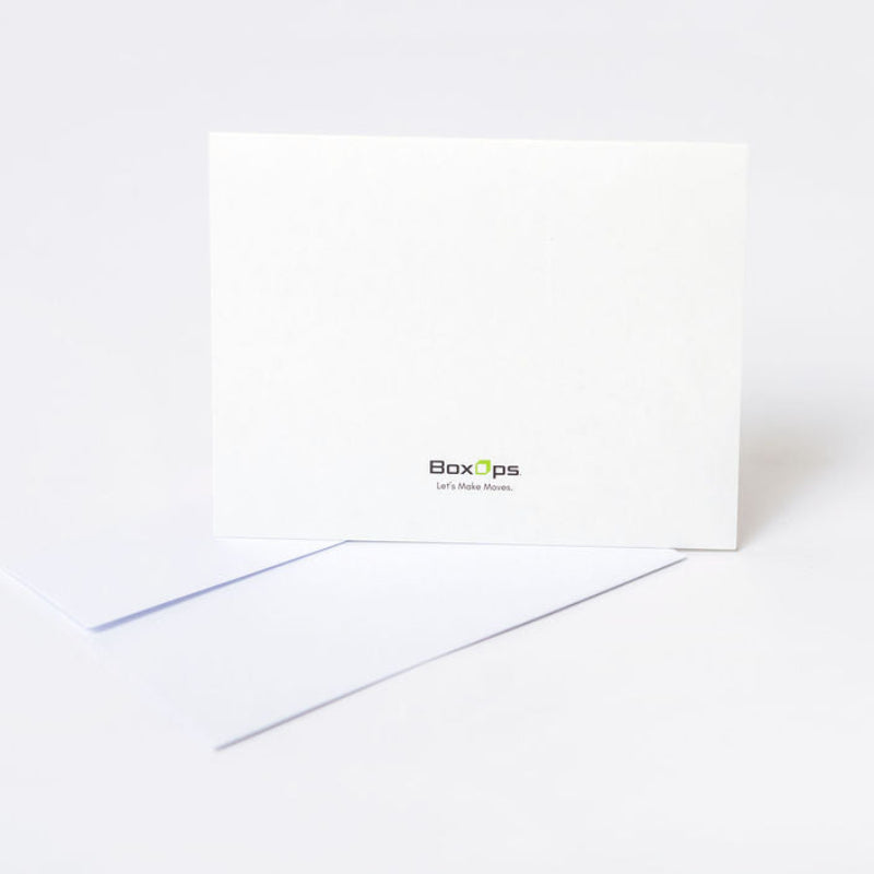 White thank you greeting card with BoxOps logo on a white background