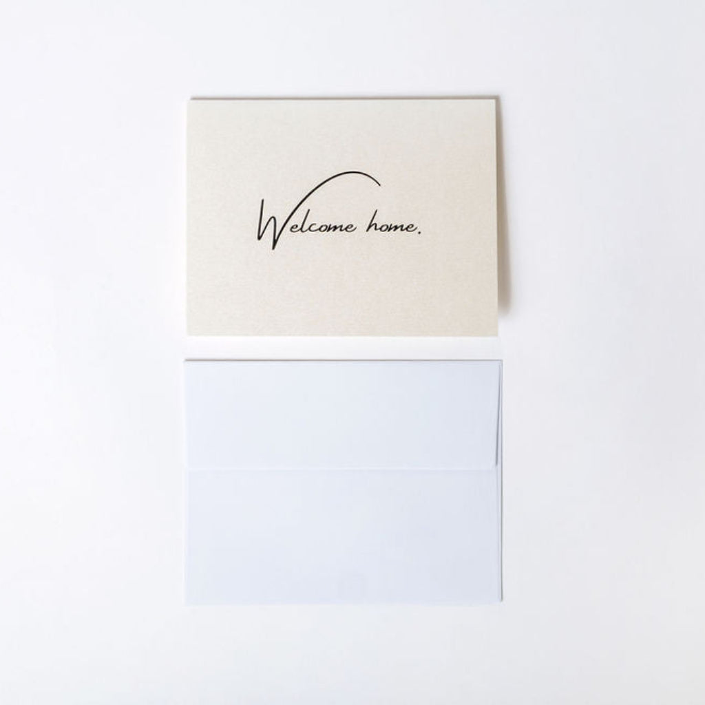 Greeting card with 'Welcome home' printed on 18pt. premium pearl paper with a white A2 envelope