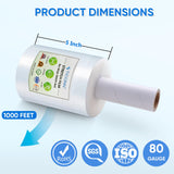 TICONN 2Pk Stretch Wrap Stretch Film Roll, 1000ft Industrial Strength 5 inch Wide Clear Plastic Wrap with Handles for Pallet Wrapping Shipping Moving