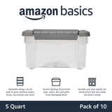 Amazon Basics Plastic Storage Containers with Secure Latching Lids, Stackable Organization Bins, Clear/Grey, 5 Quart, Set of 10