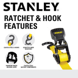 STANLEY S10002 Black/Yellow 1" x 10' Ratchet Tie Down Straps - 500 lb Safe Working Load / 1,500 lbs Break Strength, 2 Pack