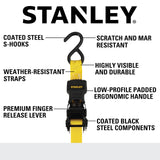 STANLEY S10002 Black/Yellow 1" x 10' Ratchet Tie Down Straps - 500 lb Safe Working Load / 1,500 lbs Break Strength, 2 Pack