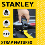 STANLEY S10002 Black/Yellow 1" x 10' Ratchet Tie Down Straps - 500 lb Safe Working Load / 1,500 lbs Break Strength, 2 Pack