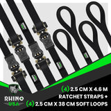 Rhino USA Ratchet Straps Tie Downs (4-Pack) - 1 Inch x 15 Feet (1,823lb Break Strength) - Ultimate Tie Down Straps with Safety S Hooks - for Trucks, Cargo, Moving, Appliances - Black