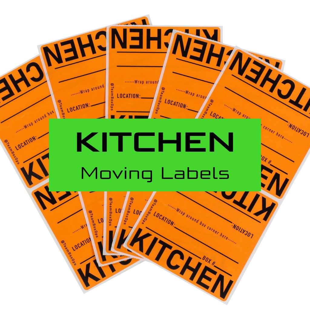 Orange moving labels with 'KITCHEN' fanfold labels on a white background