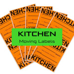 Orange moving labels with 'KITCHEN' fanfold labels on a white background