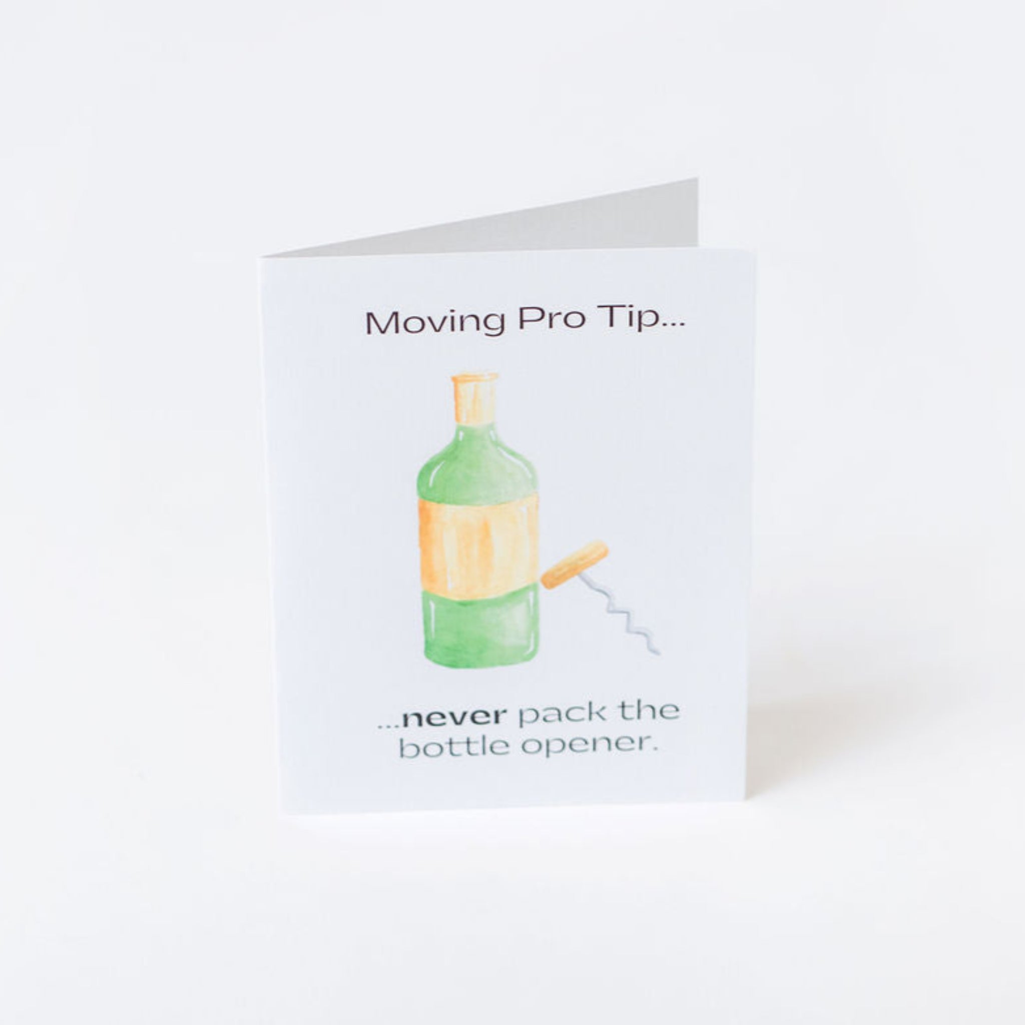 Card with a bottle and bottle opener illustration and humorous text on a white background