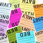 Colorful moving labels with text on a white background