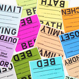 Colorful moving labels with text on a white background