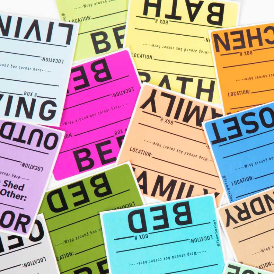 Colorful moving labels with text on a white background