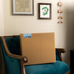 Cardboard box labeled 'LIVING' on a blue chair with framed pictures and decor on the wall.