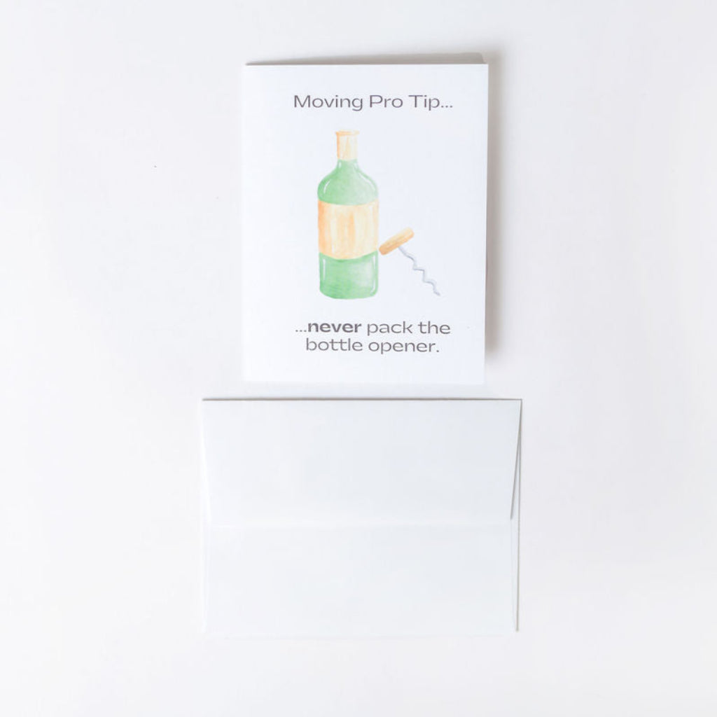 Greeting card with a bottle opener illustration and text on a white background with an envelope