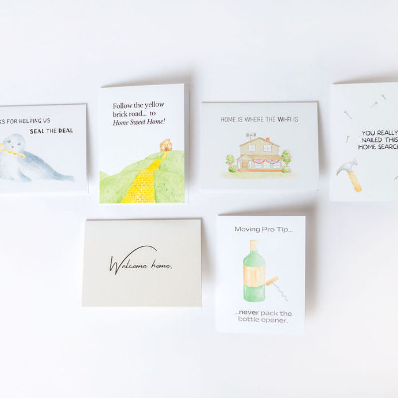 Set of greeting cards for moving and real estate with various designs on a white background