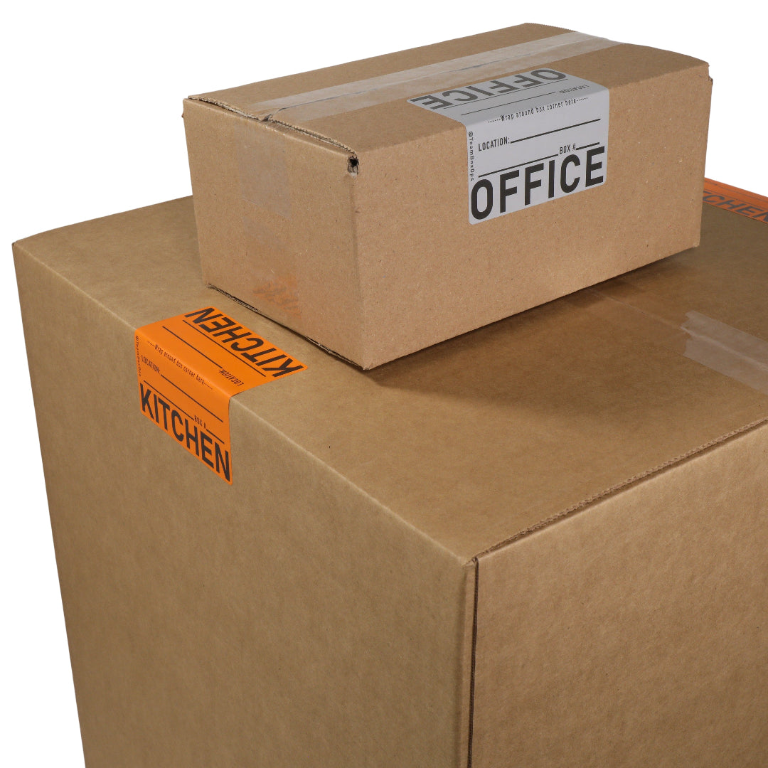 Two cardboard boxes with labels indicating 'Office' and 'Kitchen' on a white background.
