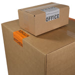 Two cardboard boxes with labels indicating 'Office' and 'Kitchen' on a white background.