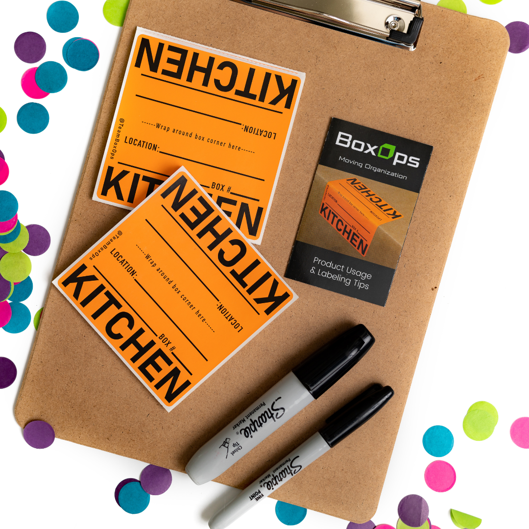 Clipboard with 'Kitchen' labels and a marker, surrounded by colorful confetti.