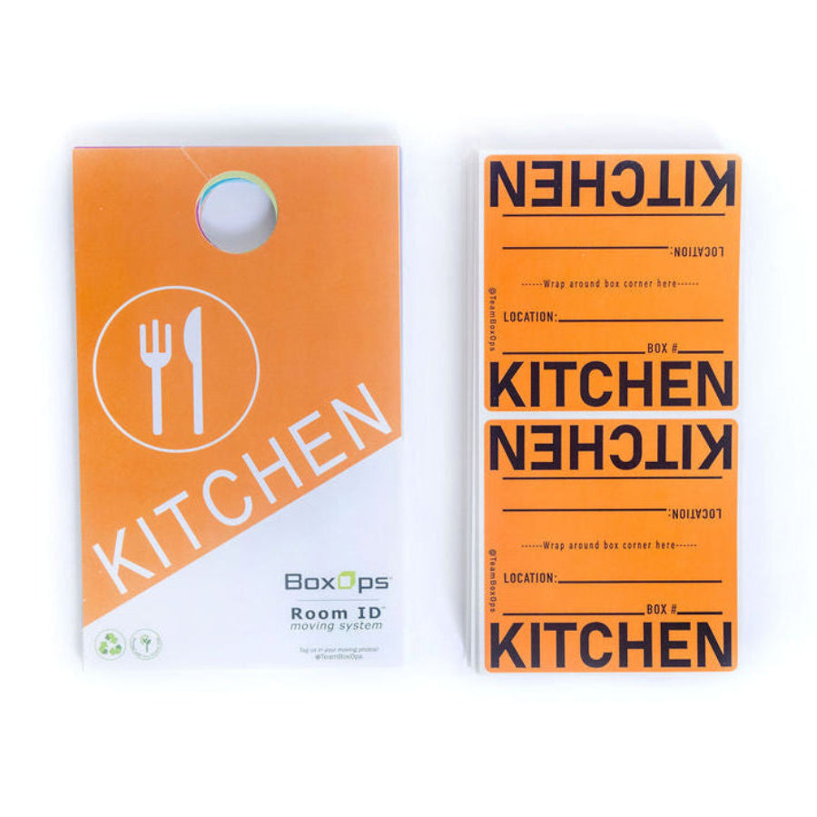 orange kitchen moving box labels and a matching orange kitchen sign