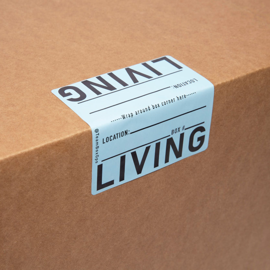 Cardboard box with 'LIVING' label on a brown background