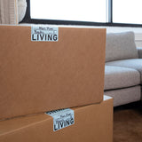 Two cardboard boxes with 'Living' labels in a living room setting.