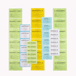 A collection of color-coded labels with names and contact information for moving boxes.