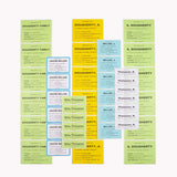 A collection of color-coded labels with names and contact information for moving boxes.