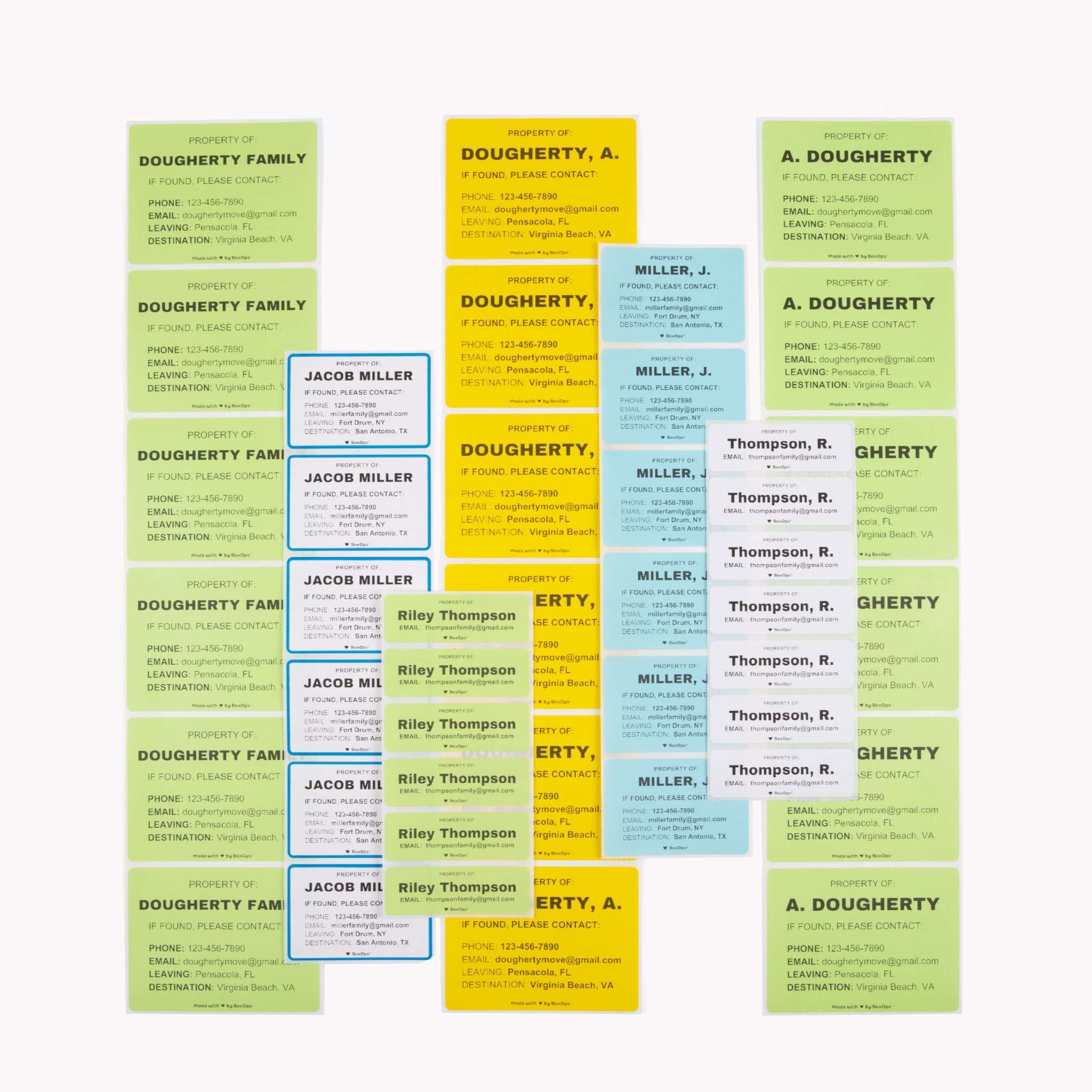 A collection of color-coded labels with names and contact information for moving boxes.