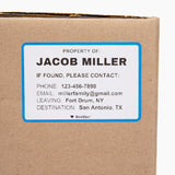 White moving box label with a blue border with a name and contact information for missing moving boxes.