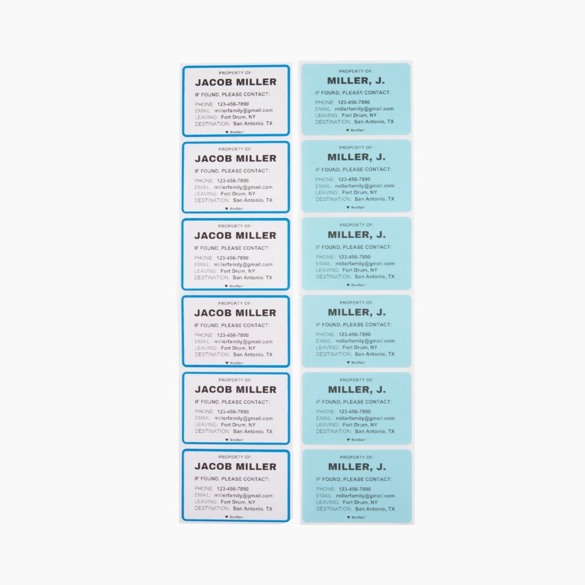 2x3 labels with names and contact information to help find missing moving boxes for professional civilian and military moves.